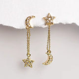 Boucles d'Oreilles Pendantes Lune Zirconiums (Doré)